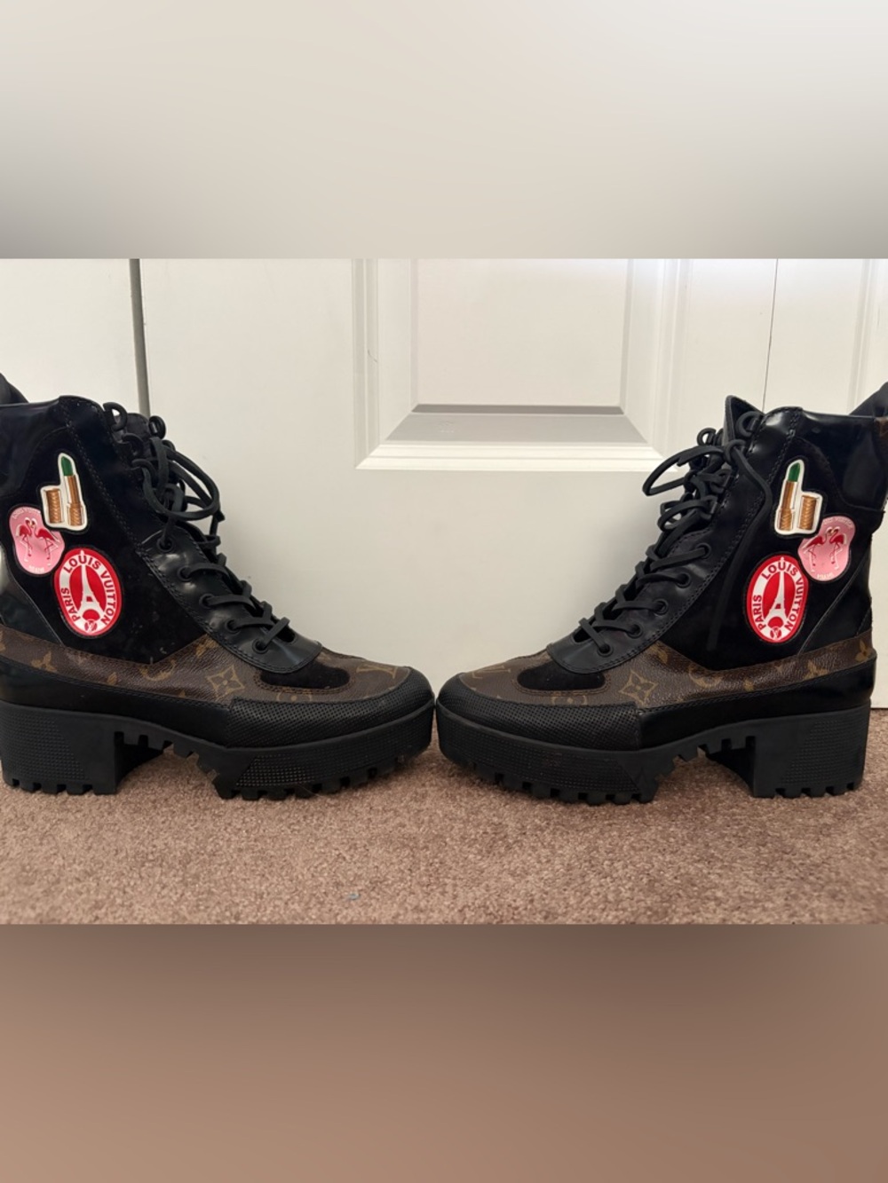 Louis Vuitton Black and Brown Monogram Lace-Up Combat Boots